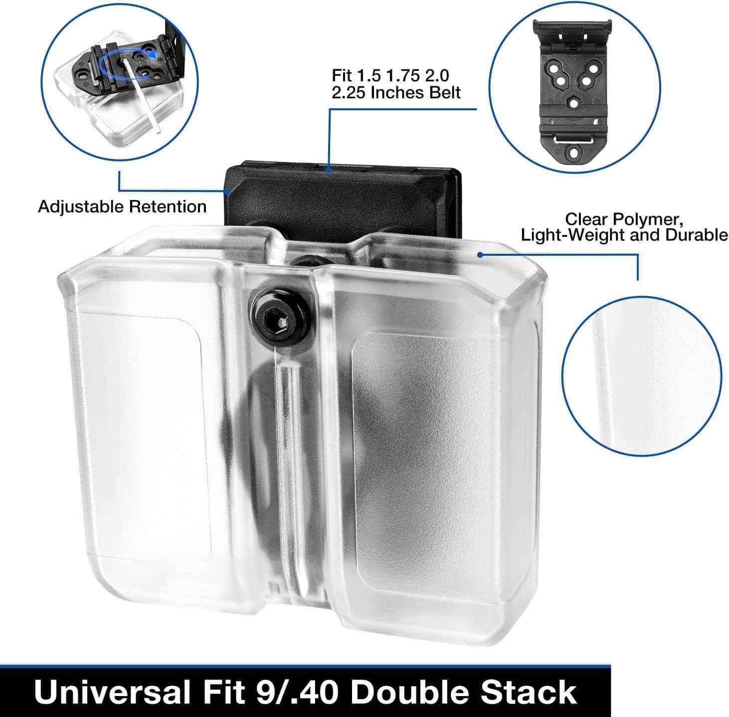 Universal Frosted Clear Double Magazine Pouch 9mm .40 Double Stack Mag Holder Mag Holster with 1.5''-2'' Belt Clip | Gun & Flower