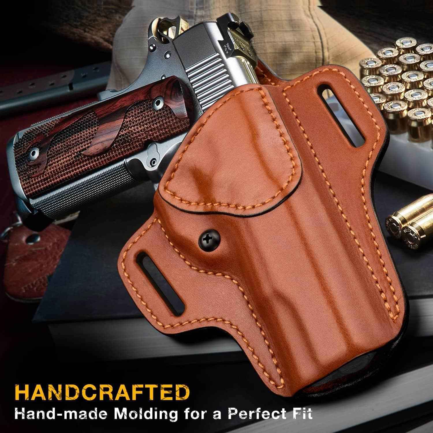 1911 Genuine Leather Handmade OWB Holster Open Carry Fits All 1911 with 5" Barrel No Rail Pistol, Right Hand | Gun & Flower